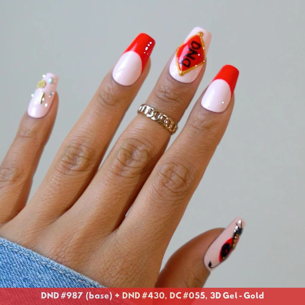 DND Daisy Gel Duo Ferrari Red #430 gel nail polish and lacquer swatch showing vibrant red color on nails