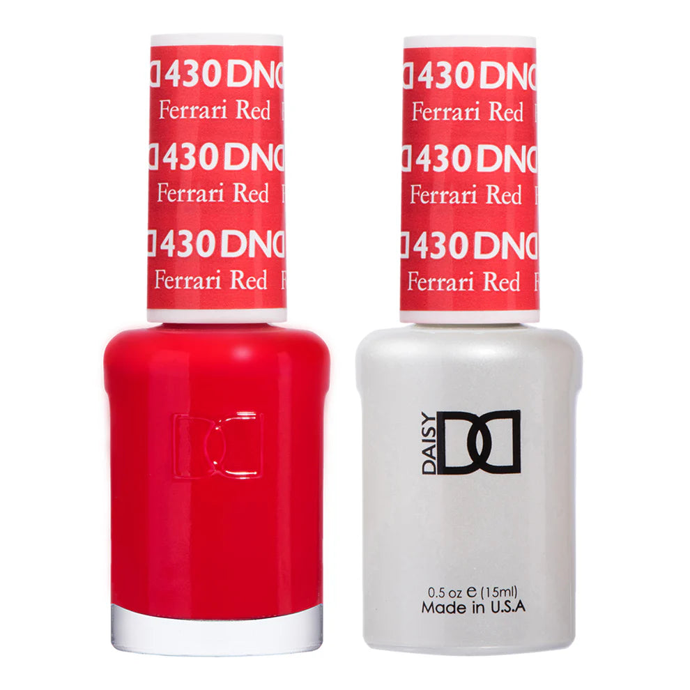 DND Daisy Gel Duo Ferrari Red #430 featuring vibrant red gel nail polish and lacquer in a sleek bottle.