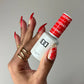 DND Daisy Gel Duo Ferrari Red #430 gel nail polish and lacquer swatch on nails with a shiny finish.