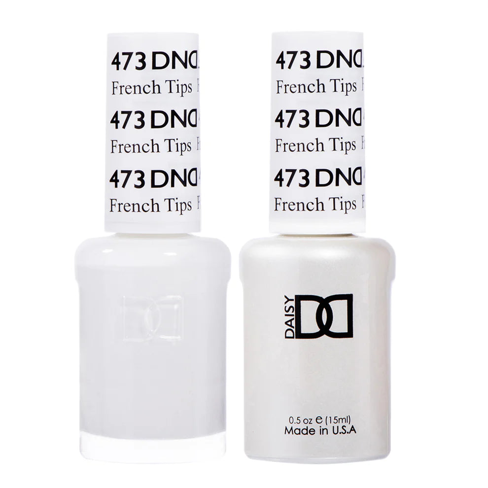 DND Daisy Gel Duo French Tips #473 featuring a set of elegant gel nail polish and lacquer with classic French manicure design