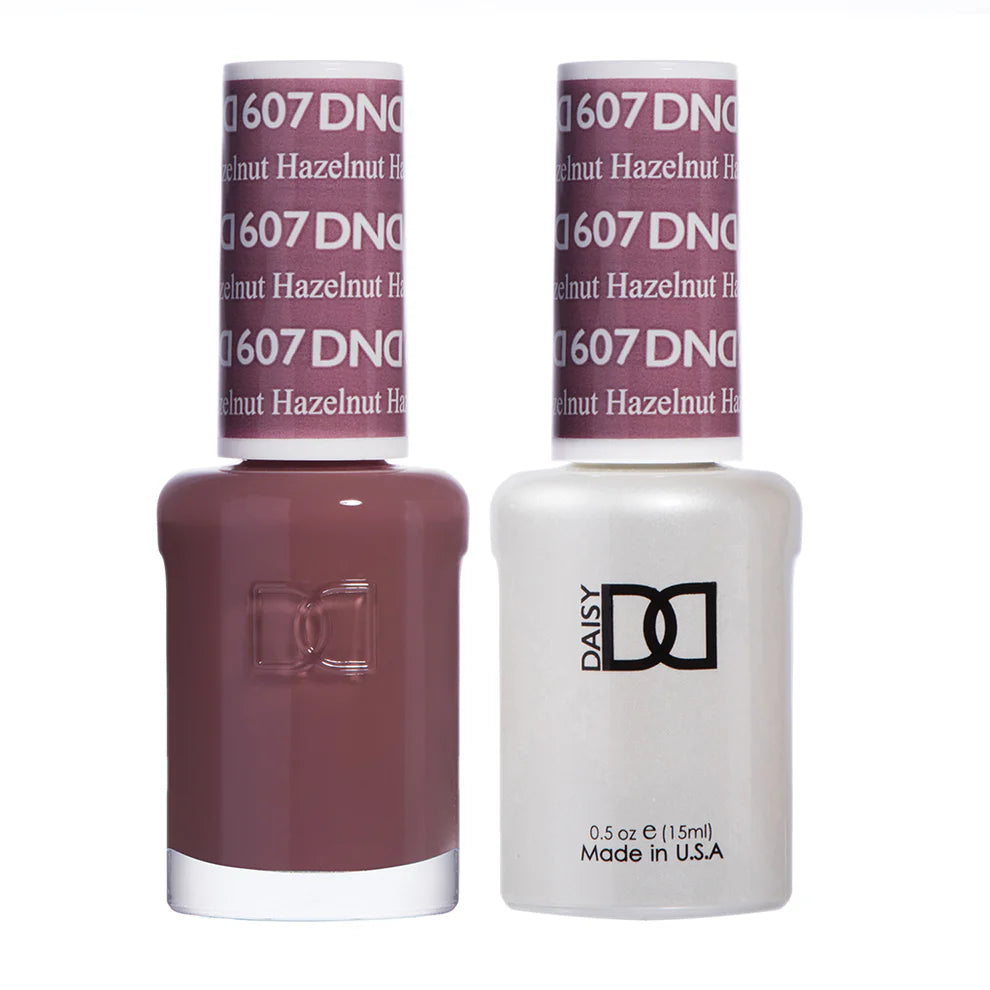 DND Daisy Gel Duo Hazelnut #607 featuring a gel nail polish and lacquer with a warm hazelnut color.