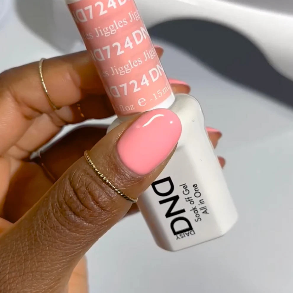 DND Daisy Gel Duo Jiggles #724 gel nail polish and lacquer swatch showing a vibrant, glossy yellow color on a nail.