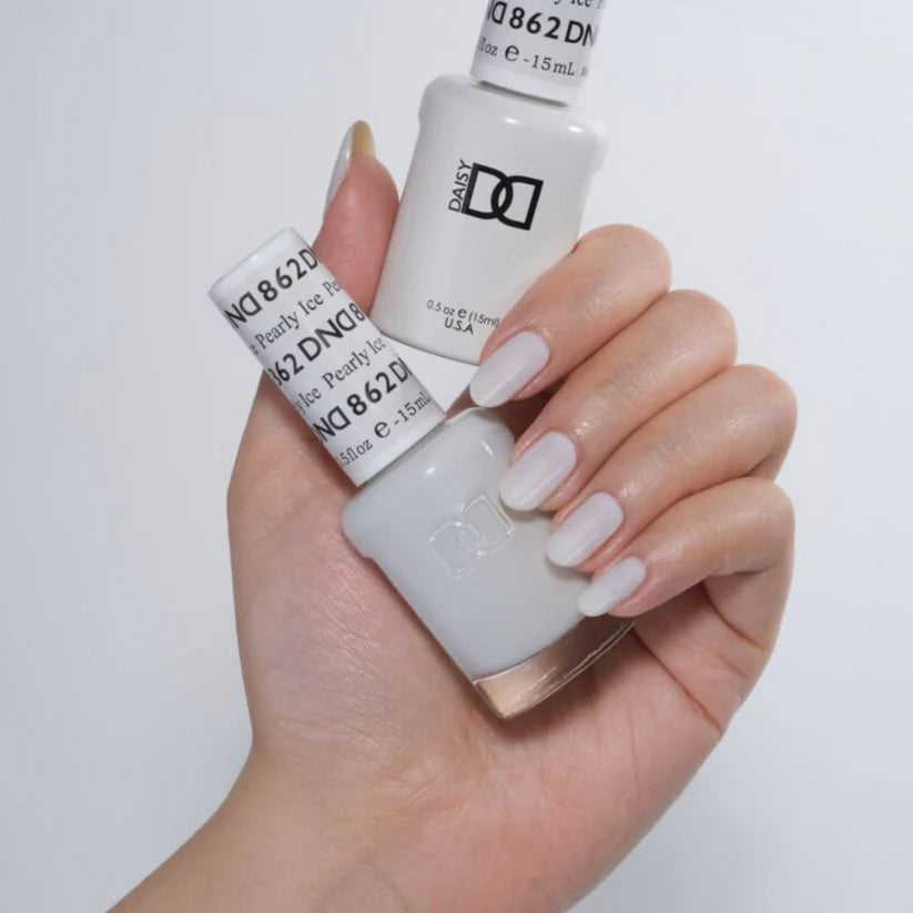 Swatch of DND Daisy Gel Duo Pearly Ice #862 gel nail polish and lacquer in a shiny, pearly white shade.