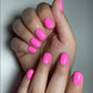 Swatch of DND Daisy Gel Duo Pinky Promise #644 with pink gel nail polish and lacquer finish, showcasing vibrant, glossy color.