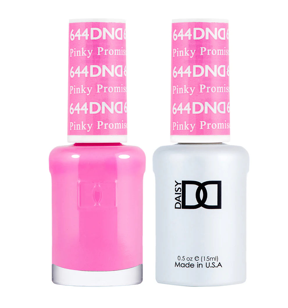 DND Daisy Gel Duo Pinky Promise #644 featuring pink gel nail polish and lacquer in a sleek bottle with a pink cap.
