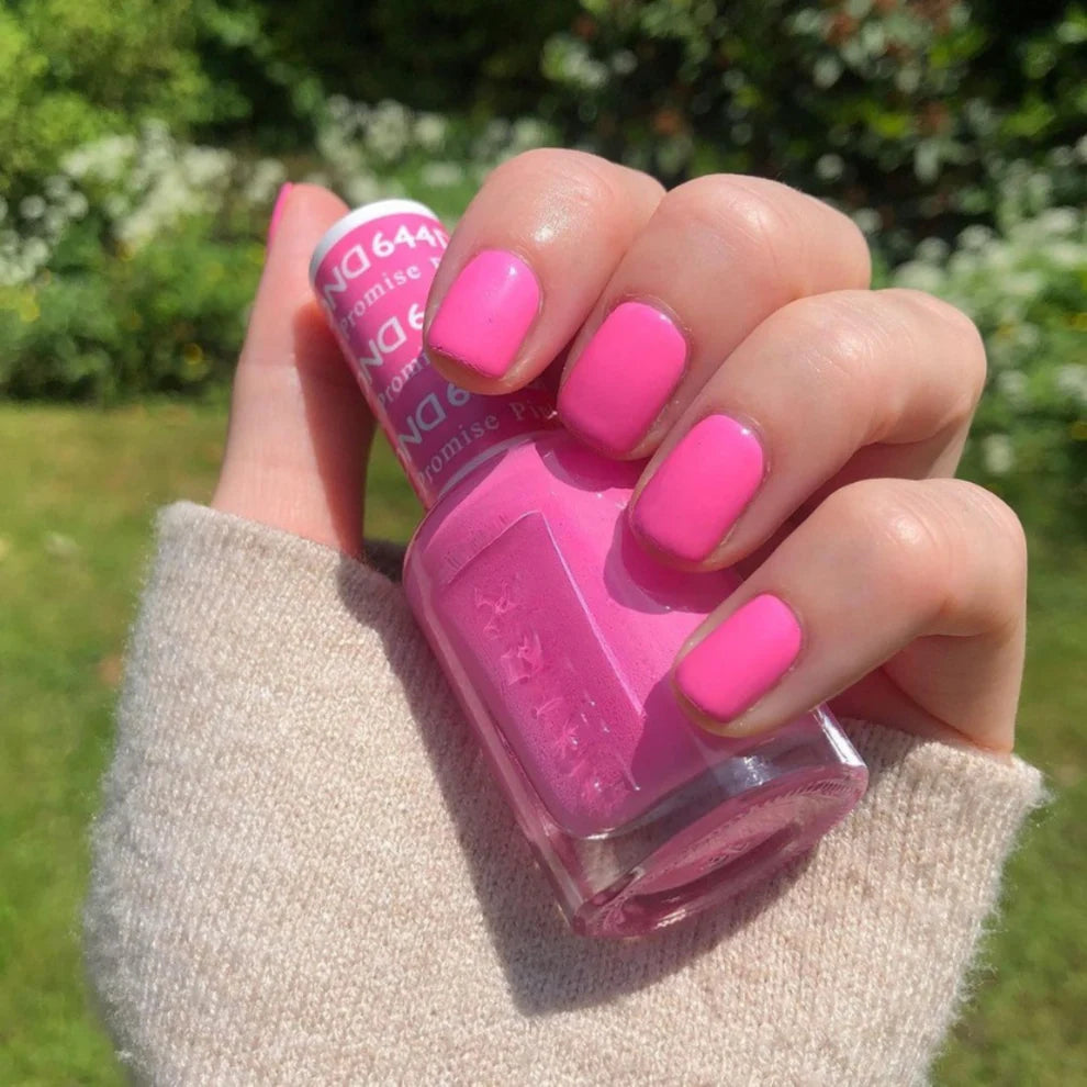 DND Daisy Gel Duo Pinky Promise #644 showing swatch of pink gel nail polish and lacquer on nails