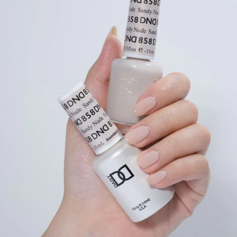 DND Daisy Gel Duo Sandy Nude #858 with swatch showing a soft, nude gel nail polish and lacquer finish.