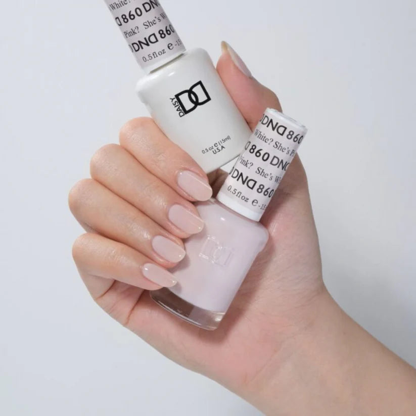 DND Daisy Gel Duo swatch showing white and pink gel nail polish shades from the She’s White? She’s Pink? collection.