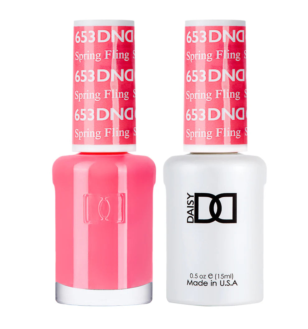 DND Daisy Gel Duo Spring Fling #653 featuring vibrant pink gel nail polish and matching lacquer in a stylish bottle