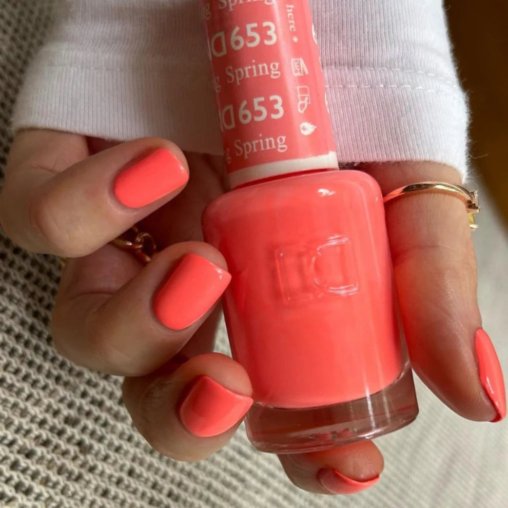 Swatch of DND Daisy Gel Duo Spring Fling #653 with vibrant pink and floral nail polish and lacquer on nails.