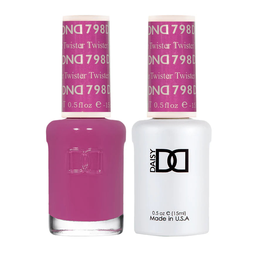 DND Daisy Gel Duo Twister #798 featuring vibrant pink and purple gel nail polish and lacquer in a stylish bottle