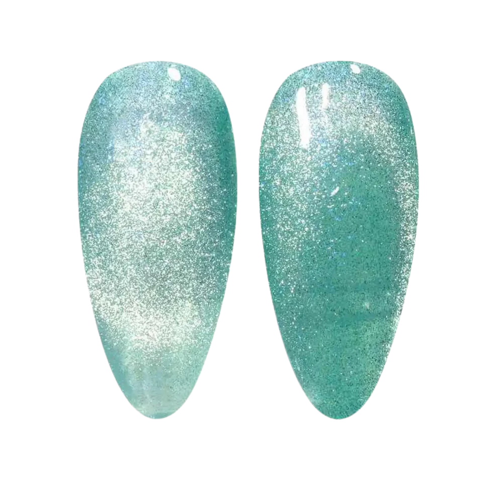 DND DC Gel Polish Cat Eye in Aqua Freckles #19 showing a vibrant blue-green gel with dotted freckles design