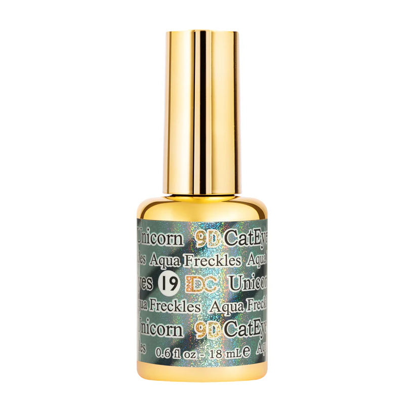 DND DC Gel Polish Cat Eye in Aqua Freckles shade, showcasing a vibrant blue-green gel with eye-catching freckles design.