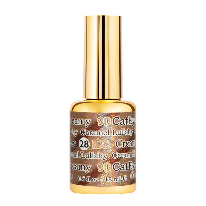 DND DC Gel Polish Cat Eye in Caramel Lullaby shade, showing glossy caramel-colored gel with cat eye effect on nails.