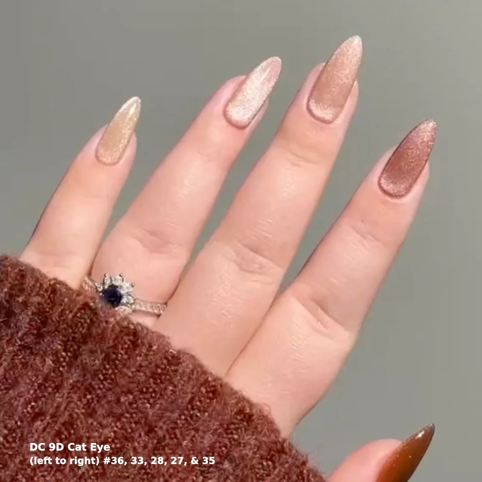 DND DC Gel Polish Cat Eye shade #35 featuring velvet cat eye finish with shimmer and aura effects on nails.