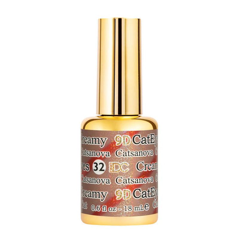 DND DC Gel Polish Catsanova #32 with vibrant cat-eye effect, showcasing glossy, deep purple gel finish on a nail.