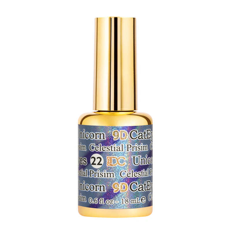 DND DC Gel Polish Cat Eye Celestial Prism shade #22 showing a vibrant, shimmering purple and blue cat eye effect on a nail art design.