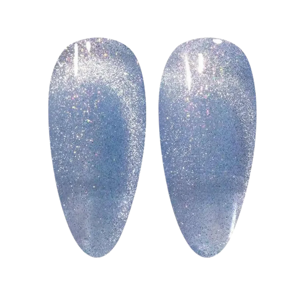 DND DC Gel Polish Cat Eye in Celestial Prism shade, showcasing iridescent blue and purple hues with a glossy finish.