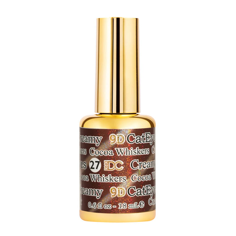 DND DC Gel Polish in Cocoa Whiskers #27, a vibrant cat eye gel nail polish with a shimmering cocoa brown finish.