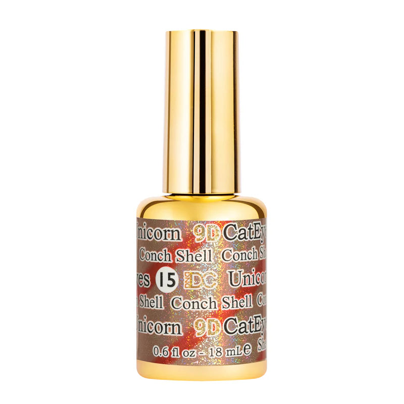 DND DC Gel Polish Cat Eye in Conch Shell shade, showcasing a vibrant, multi-dimensional gel nail design with a striking cat eye effect.