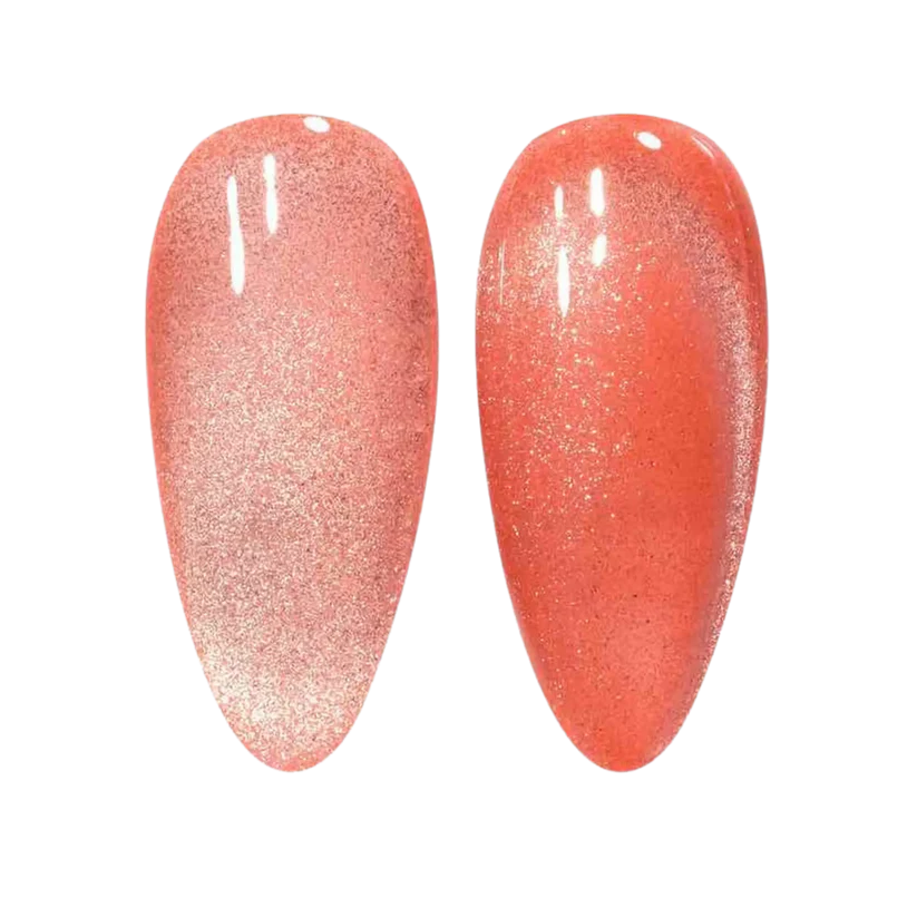 DND DC Gel Polish Cat Eye in Coral Ice shade, showcasing a vibrant coral gel with a mesmerizing cat eye effect.