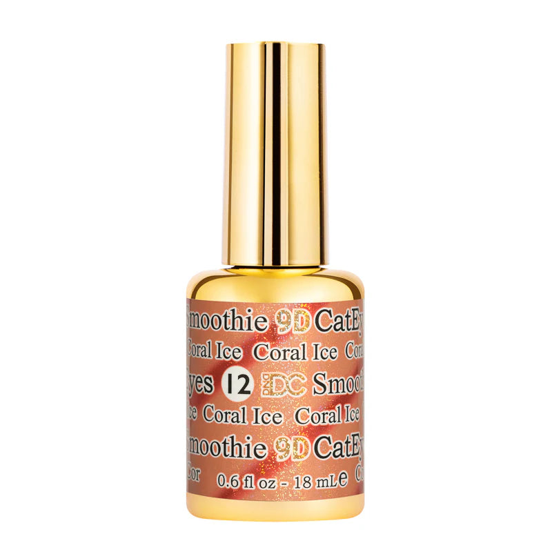 DND DC Gel Polish Cat Eye in Coral Ice shade with metallic shimmer, showcasing a vibrant coral color with a sleek, glossy finish.