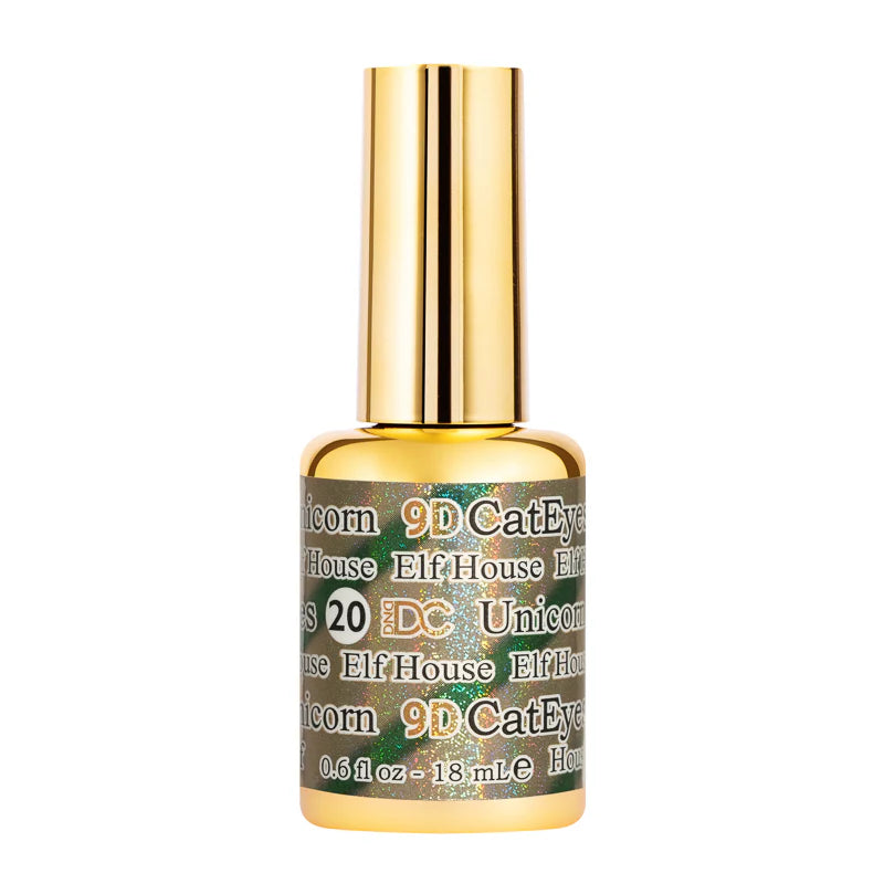 DND DC Gel Cat Eye polish in Elf House shade #20, featuring a glossy cat eye effect and vibrant teal color.