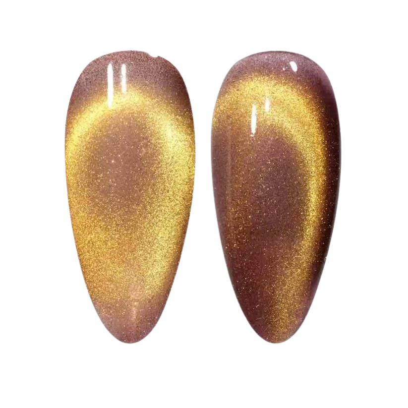 DND DC Gel Cat Eye polish in Ember Enchantress #10 with a vibrant orange and gold cat eye effect on a nail tip.