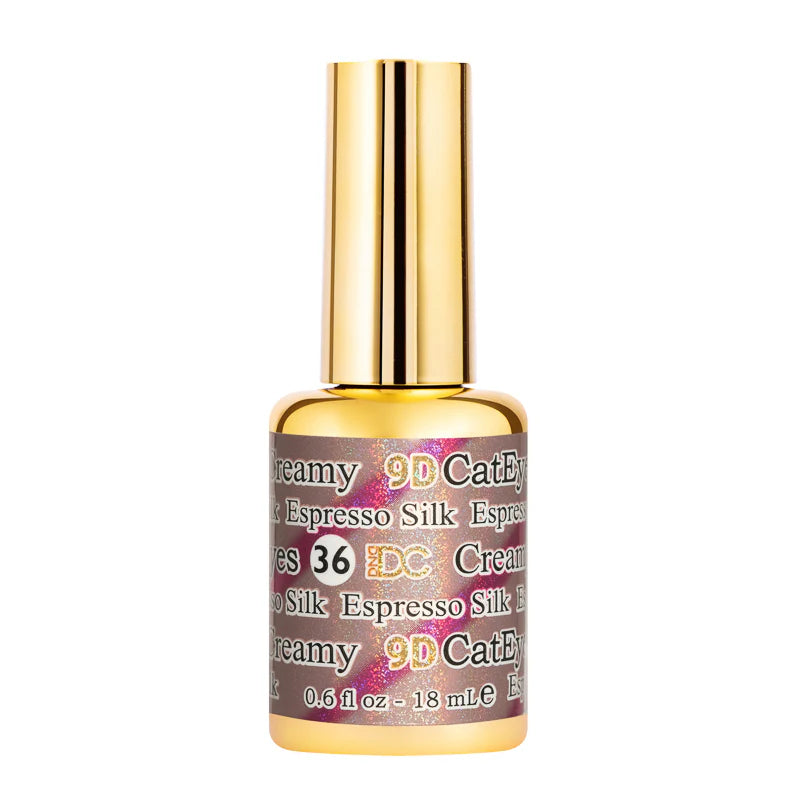 DND DC Gel Cat Eye nail polish in Espresso Silk shade, showcasing a sleek, glossy cat eye effect on natural nails.