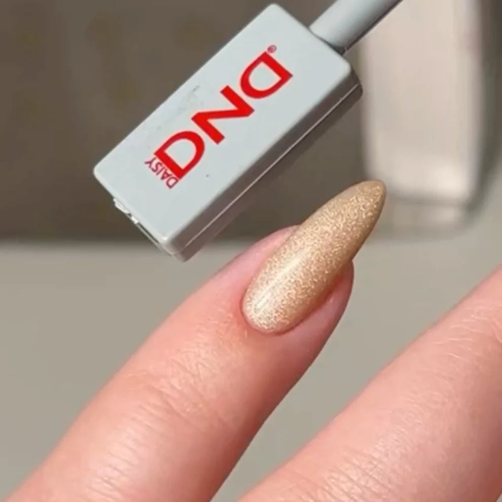 DND DC Gel Polish in Espresso Silk #36 with velvet cat eye shimmer finish on nails, showcasing rich dark espresso color and glossy texture.
