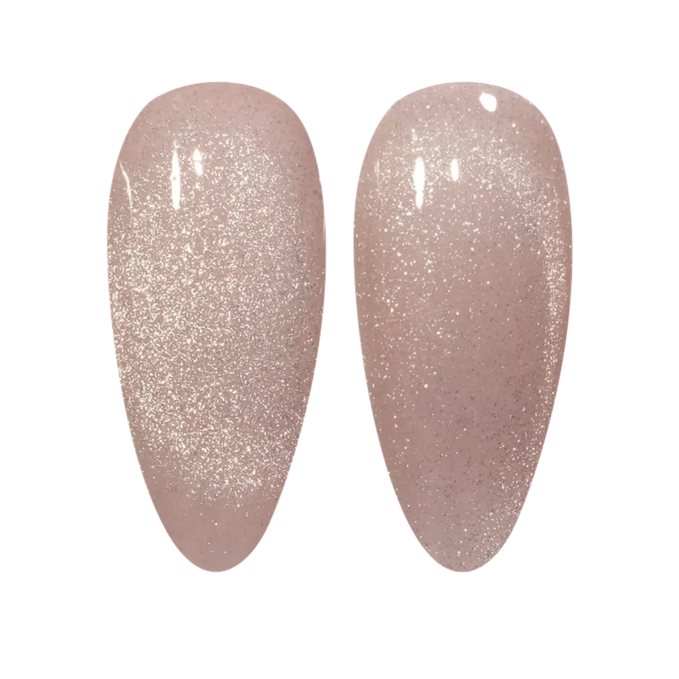 DND DC Gel Polish Cat Eye Fossil Ice shade with shimmering blue and silver accents, showcasing a smooth gel application on nails.