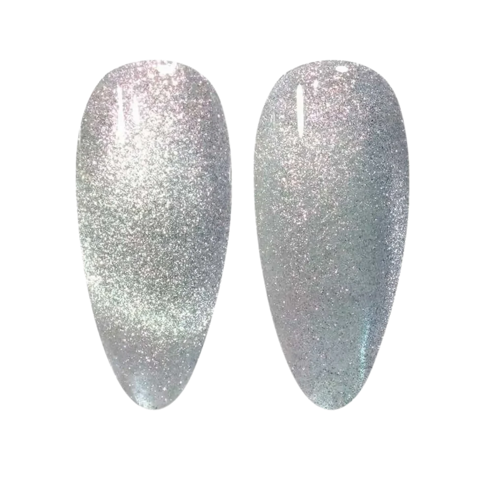 DND DC Gel Polish in Holo Dancer #21, a vibrant cat eye gel with holographic shimmer, displayed on a nail swatch.