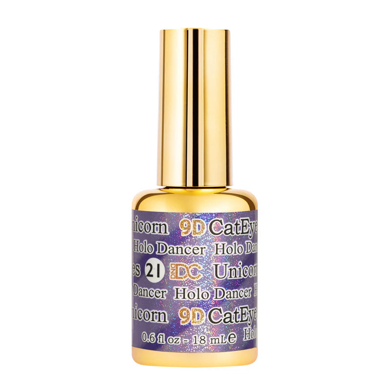 DND DC Gel Polish Cat Eye Holo Dancer shade #21 showing a vibrant holographic cat eye effect on a nail.