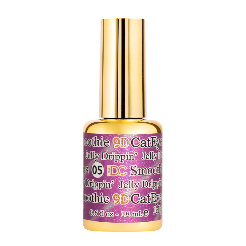 DND DC Gel Polish Cat Eye Jelly Drippin' #05 with shimmering blue and purple hues, showcasing a glossy cat eye nail effect.