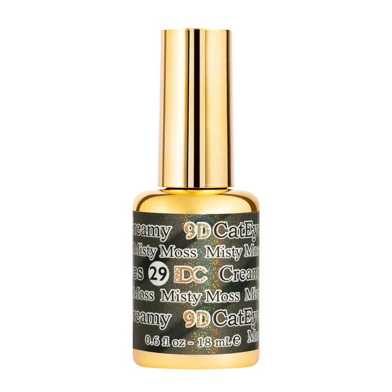 DND DC Gel Polish Cat Eye in Misty Moss shade, showcasing a vibrant green gel with magnetic cat eye effect and smooth finish.