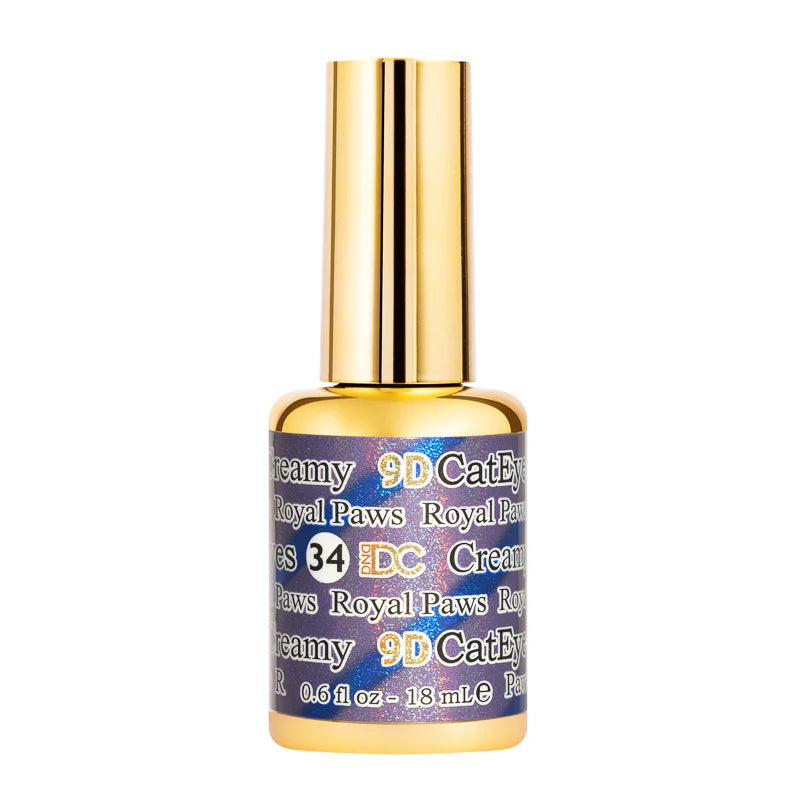 DND DC Gel Polish in Royal Paws #34 featuring a vibrant cat eye nail design with shimmering teal and blue hues.