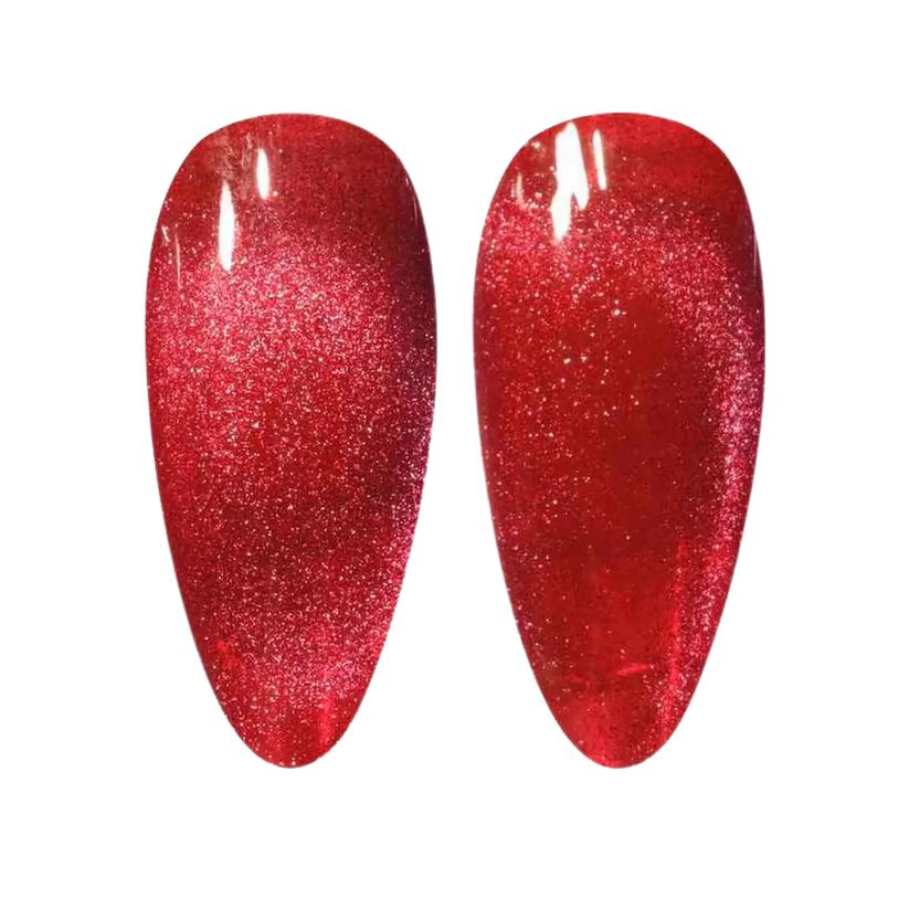 DND DC Gel Polish Cat Eye Ruby Mirage #03 with vibrant red and metallic shimmer, showcasing a striking gel manicure.