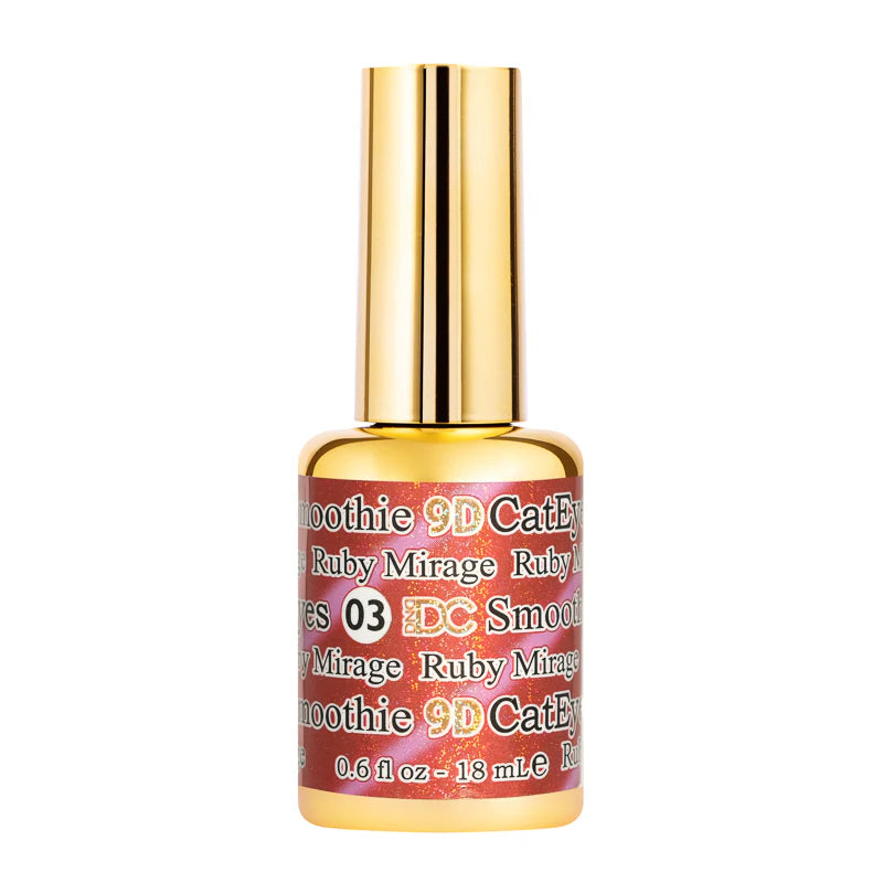DND DC Gel Polish Cat Eye Ruby Mirage #03 with vibrant red and shimmer finish, showcasing a striking cat eye effect.