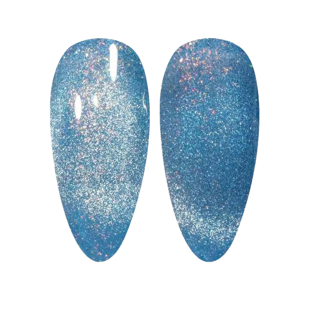DND DC Gel Polish Cat Eye Seascape #24 with swirling blue and green hues and metallic accents on a clear nail.