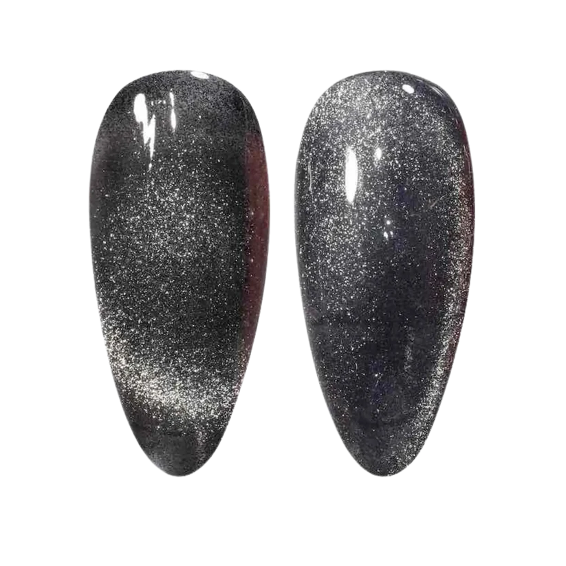 DND DC Gel Polish Cat Eye Shadow Panther #11 with deep black base and shimmering silver accents, showcasing a striking gel nail design.