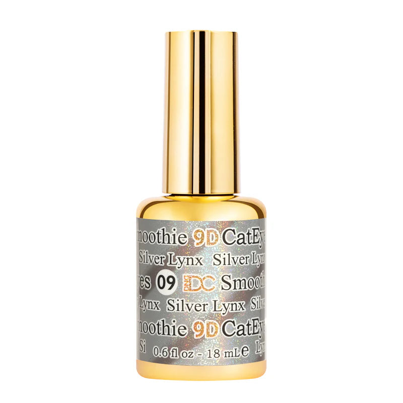 Silver Lynx DND DC Gel Cat Eye nail polish in shade #09, featuring a shimmering cat eye effect and metallic silver finish.
