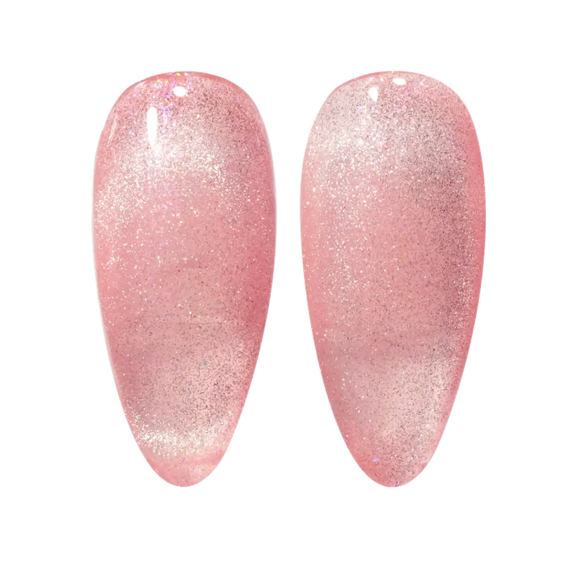 DND DC Gel Polish Cat Eye in Sugar Floss shade, featuring a vibrant pink gel with a shimmering cat eye effect.