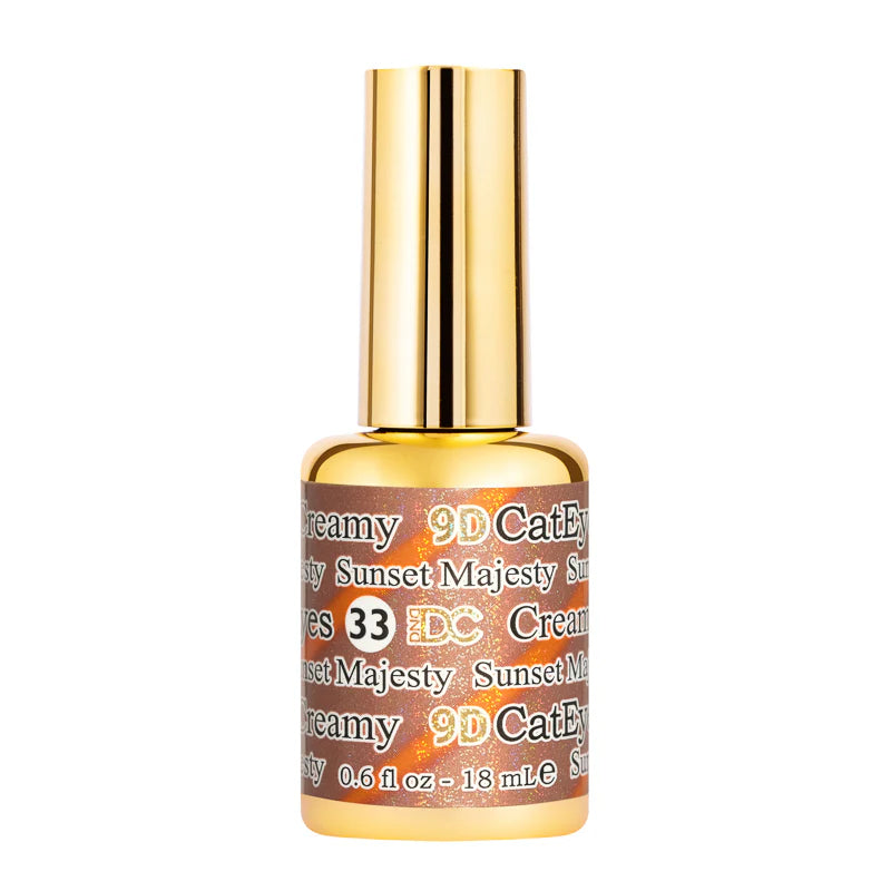 DND DC Gel Cat Eye polish in Sunset Majesty shade showing a vibrant orange and gold cat eye nail design.