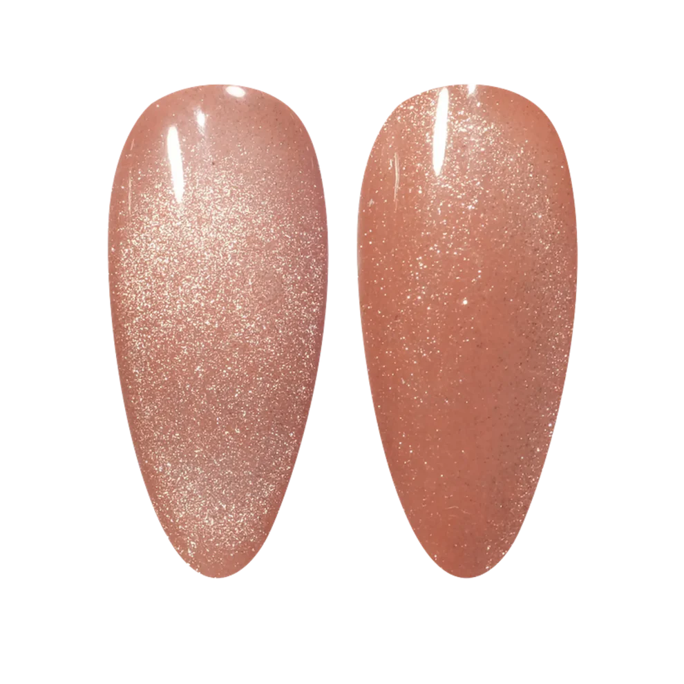 DND DC Gel Polish in Sunset Majesty shade, vibrant cat eye gel manicure with shimmering orange and gold tones.