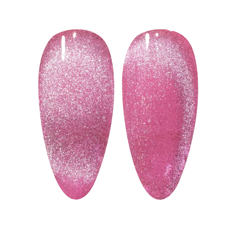 DND DC Gel Cat Eye polish in Twilight Blush #01, showcasing a vibrant pink gel with cat eye effect and glossy finish.