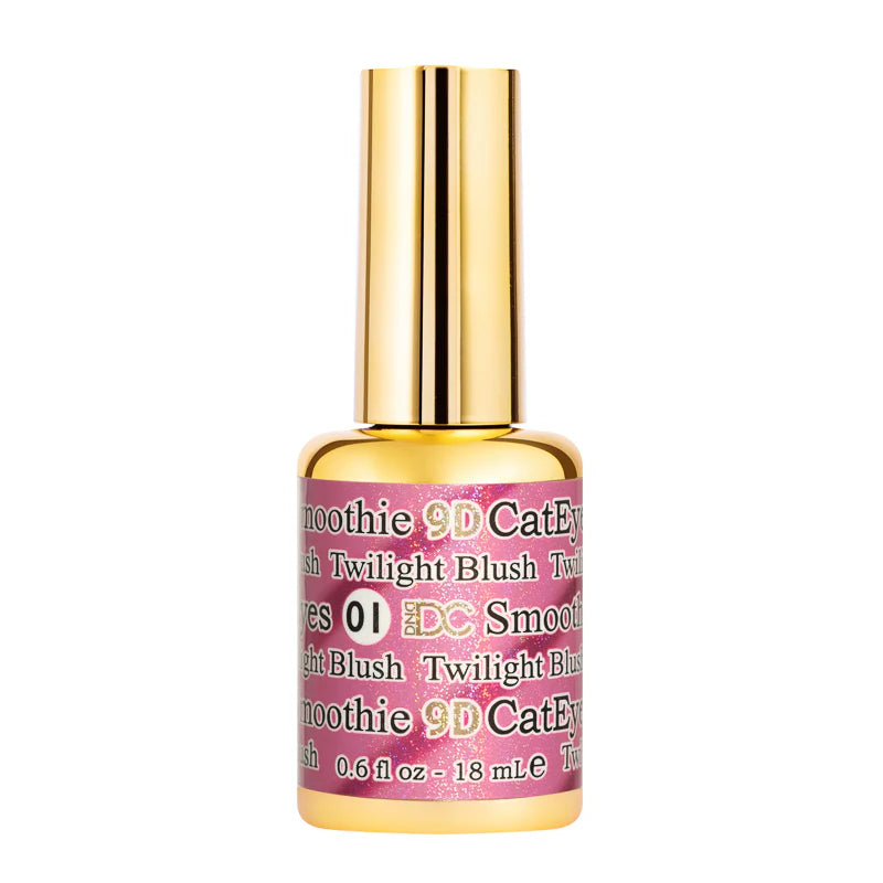 DND DC Gel Polish Cat Eye in Twilight Blush #01, with a shimmering pink and purple gel polish applied on a nail tip.