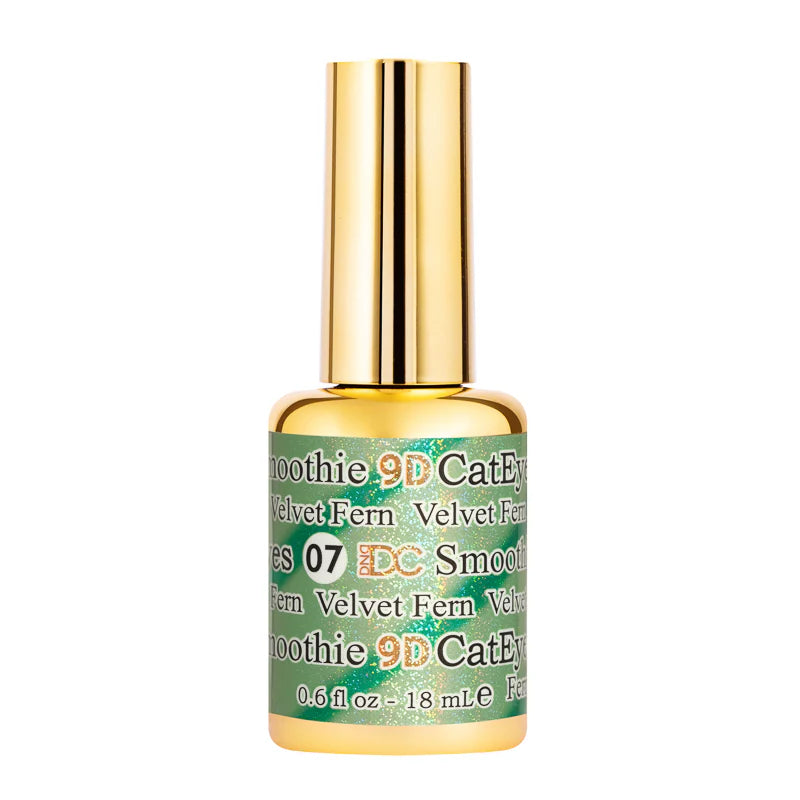 DND DC Gel Cat Eye nail polish in Velvet Fern shade, showcasing a vibrant green gel with cat eye effect and shimmering finish.