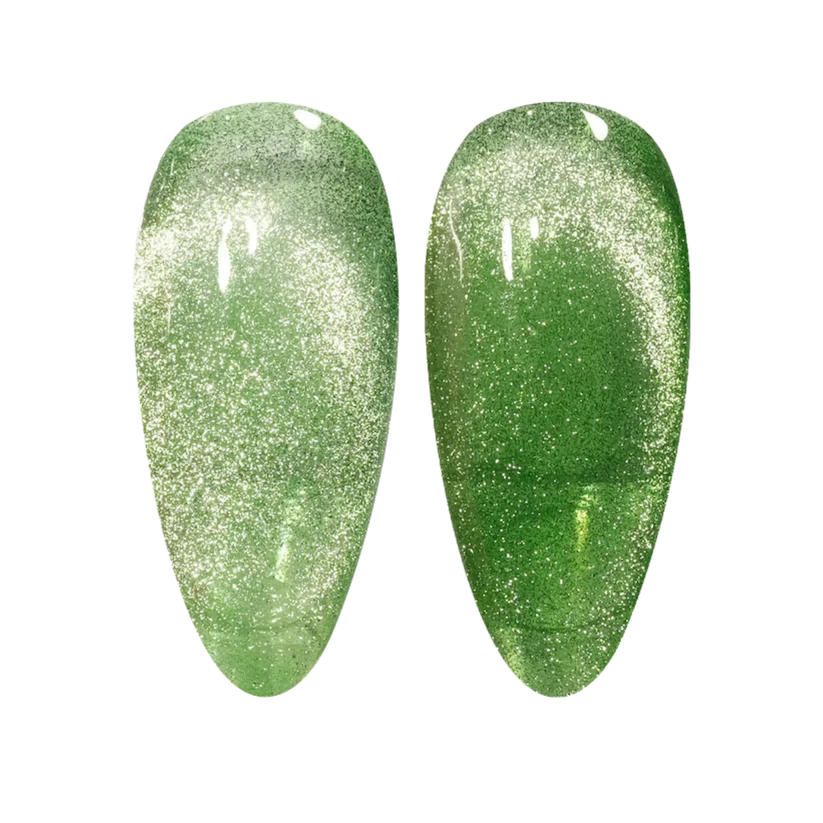 DND DC Gel Polish Cat Eye in Velvet Fern shade, showcasing deep green gel with shimmering cat eye effect on a nail.