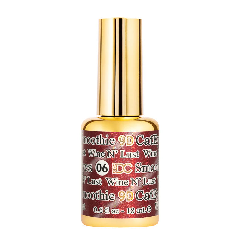 DND DC Gel Polish Cat Eye Wine N' Lust shade #06, deep wine-colored gel nail polish with cat eye effect on a smooth surface
