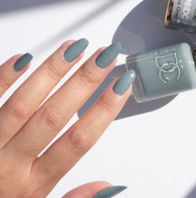 DND DC Gel Duo Aqua Gray #098 gel nail polish and lacquer set, showcasing the smooth, glossy aqua-gray finish.